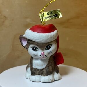 Vintage Jasco L'il Chimers Cat with Red Santa Hat Porcelain Bell Ornament